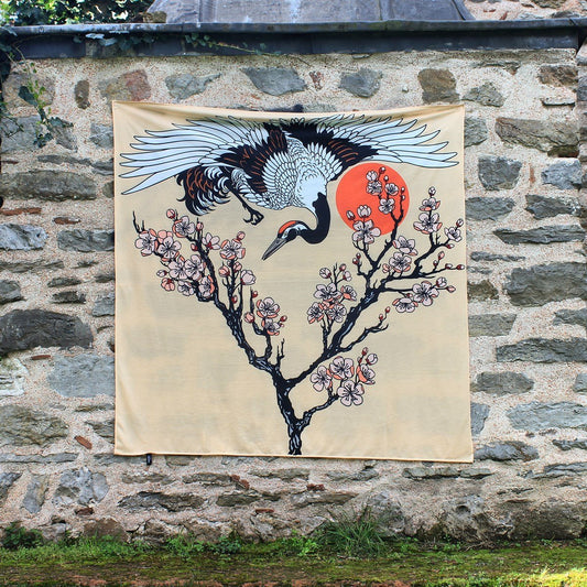 Japanischer Kranich und Sakura-Baum - Wandverkleidung 150x150 cm